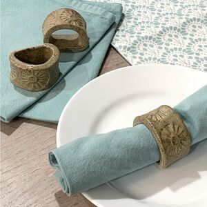 Set of 6 Vintage 70’s Handmade Rustic Stamped Daisy Pottery Napkin Rings